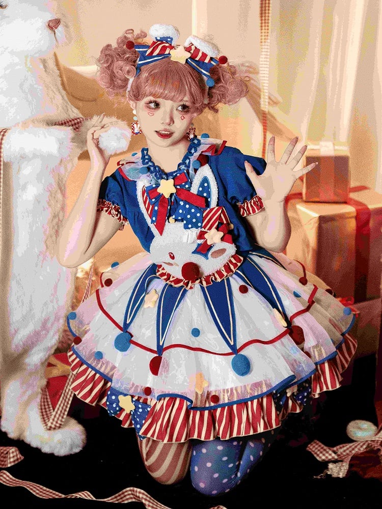 Lolita and Circus Pastel Clown Bodice Overalls Red Dress Blue Dark Clowncore Bunny Fleece Sweet