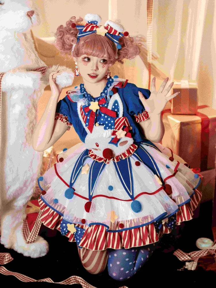 Clown Dark Bunny Dress Blue Clowncore Overalls Fleece Lolita Pastel Sweet Circus Red and Bodice