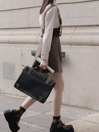 White Reaction Skirt Outfits Shirt Suspender Brown Overalls Detective Maillard Preppy / Plaid Little