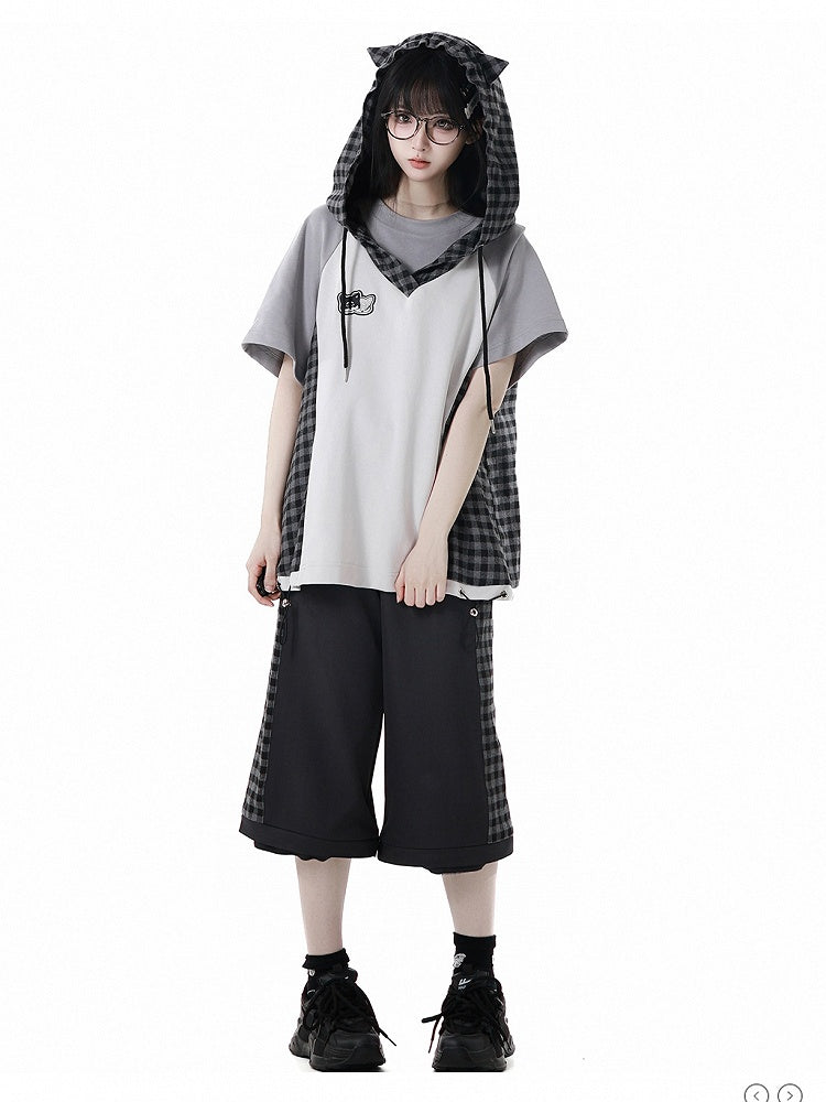 Wear Ways Zip Cuffs Techwear Two Pants/Shorts Black Plaid with Snap Belt