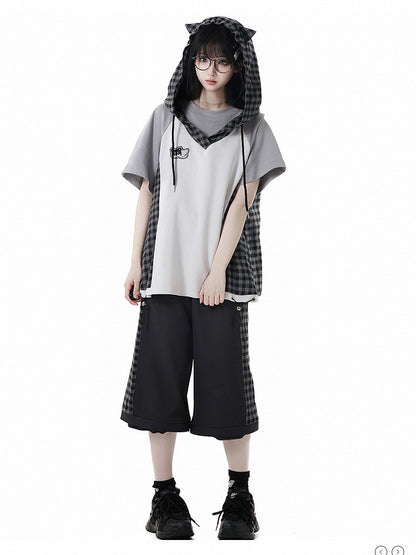 Wear Ways Zip Cuffs Techwear Two Pants/Shorts Black Plaid with Snap Belt