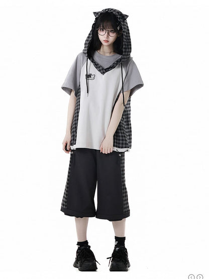 Techwear T-Shirt Plaid Patchwork Design Wolf Embroidery Wolf Ears Hood Gray