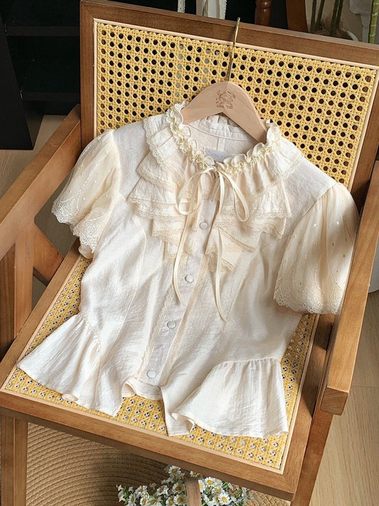 Ärmel Puff Rüschen Bequeme Kurze Atmungsaktive und Ausschnitt Beige Shirt