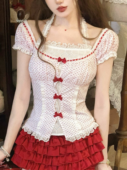 Bow Accents Top Polka-dot Sleeves Lace Halter Puff Red With