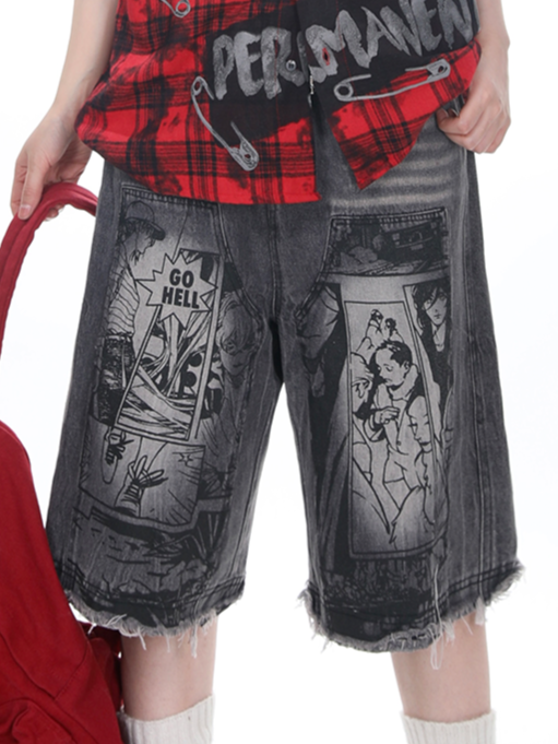 Dunkelgraue Jeansshorts mit offenem Saum und monochromem Comic-Print