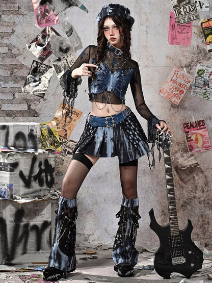 Rock Dye Butterfly Halter Punk Grunge Neck Tie Fairycore Blue Top