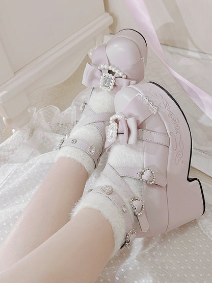 Heels Decorated Beaded Kei Pink And at High Top Platform Jirai Matte Bow Rhinestone Block