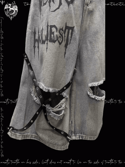 Blue Criss-cross Straps Design Distressed Holes Punk Jeans Y2K