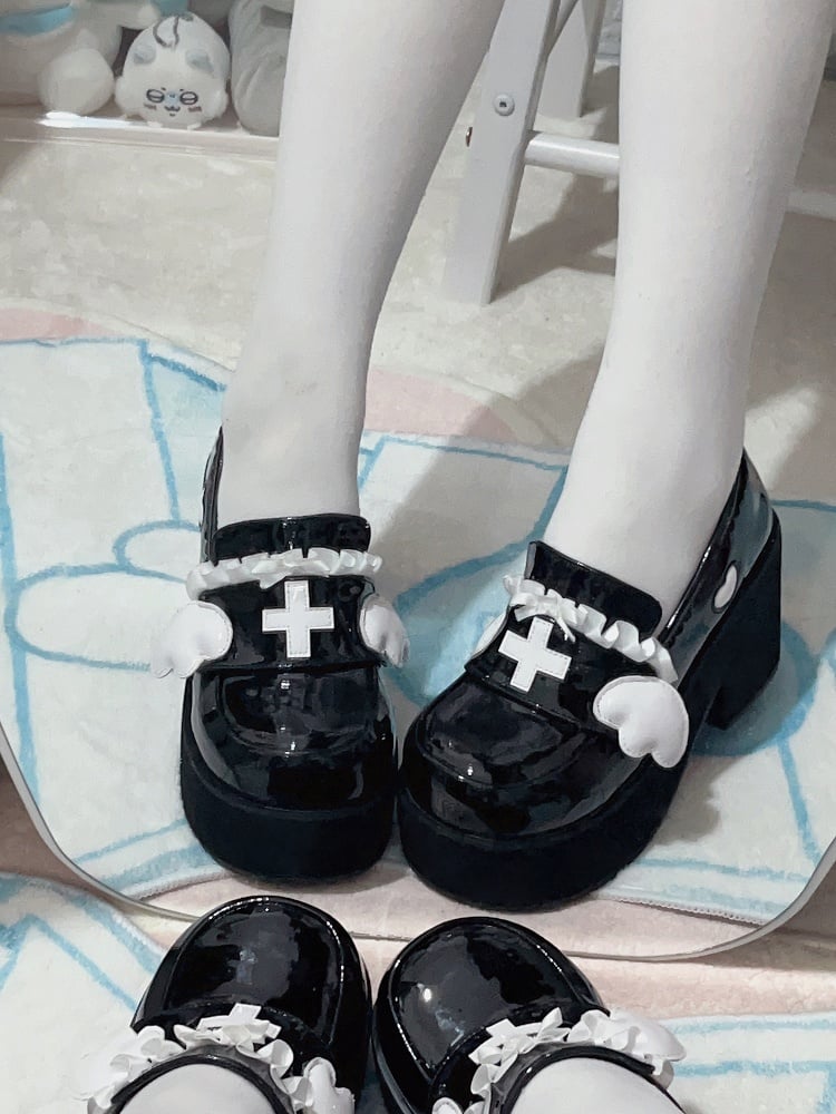 Jirai Kei Black Yami Kawaii Cross Bowknot Platform Loafers