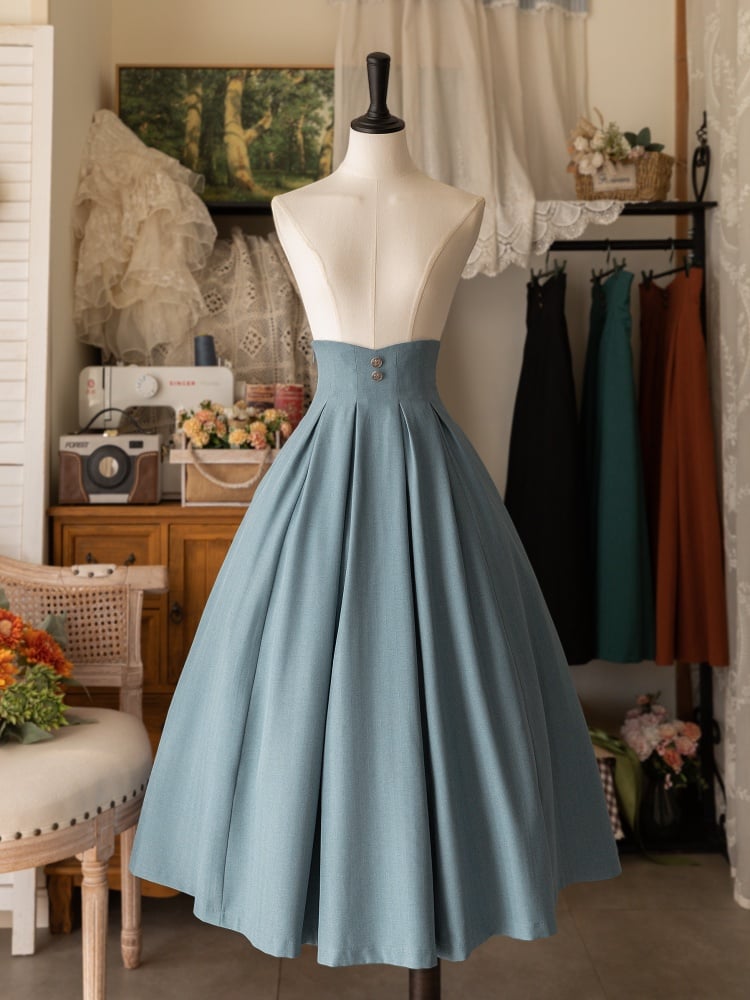 Jupe mi-longue bleue élégante avec corset et ceinture Lolita classique