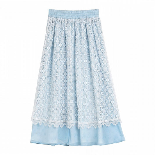Blue Elastic Waist Floral Pattern Lace Skirt