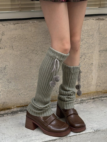 White/Beige/Light Grey/Black Knitted Leg Warmers With Pompons