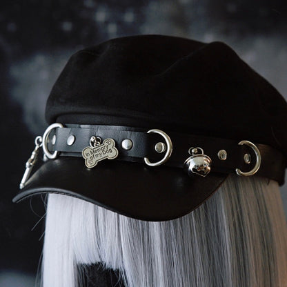 Baskenmütze, Kreuz, Hut und Details, Charme, Gothic, Knochen, schwarze Nieten