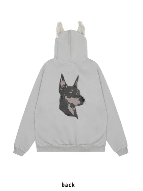 Leichter Kapuzenpullover ohne Fleece und mit Ohren-Print in Grau mit Applikation und Welpenbuchstaben
