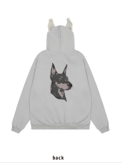 Leichter Kapuzenpullover ohne Fleece und mit Ohren-Print in Grau mit Applikation und Welpenbuchstaben
