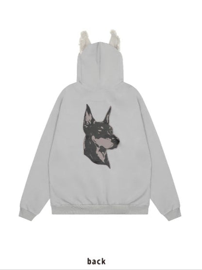 Leichter Hoodie Welpe Buchstaben Fleece und Ohren Grau Druck Applikation mit