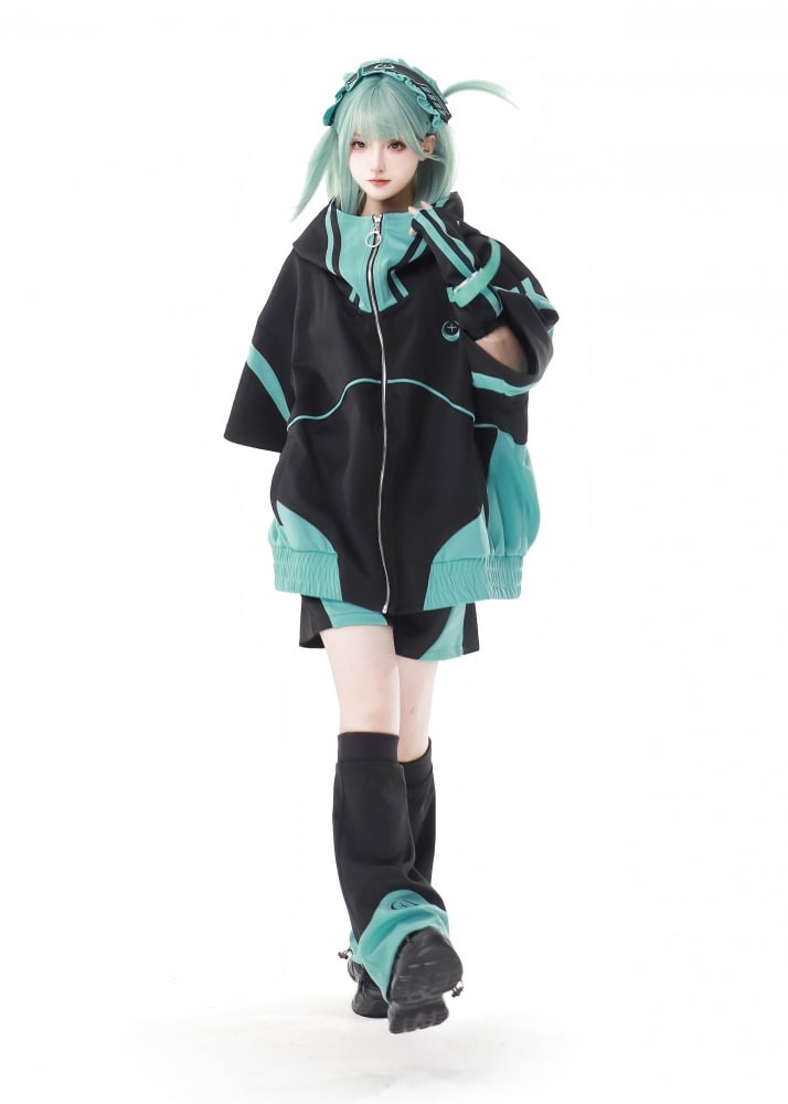 Black&Green Colorblock Design Zip Hoodie Jirai Kei Sweatshirt