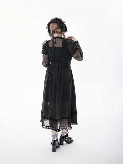 Skirt with Buckle Belt Black High Waist Mesh Overlay