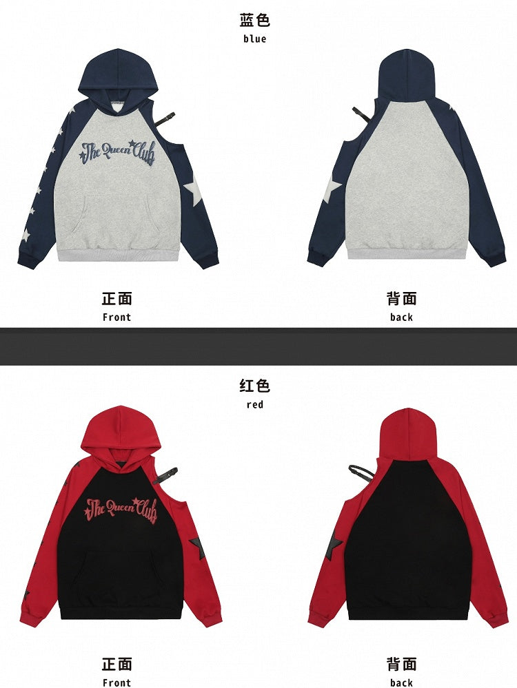 Sweat à capuche à imprimé lettres rouges et bleues et découpes sur les épaules