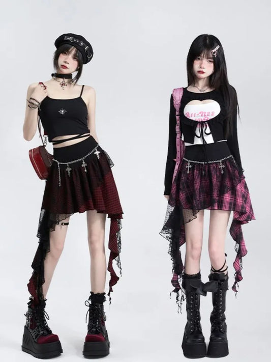 Skirt Plaid Red/Black Black Pink Lace Panel Irregular Hem and