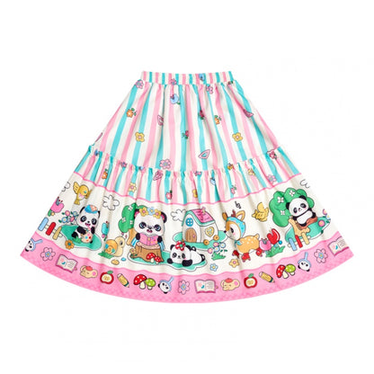 Stripe Pattern Animals Print Shirring Waist Skirt