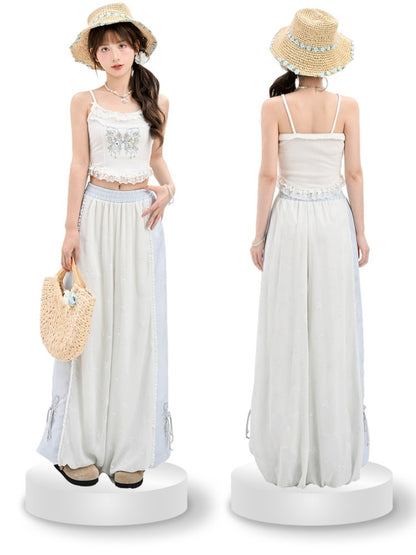 White Butterfly Embroidery Ruffled Lace Hem Holiday Cami Top