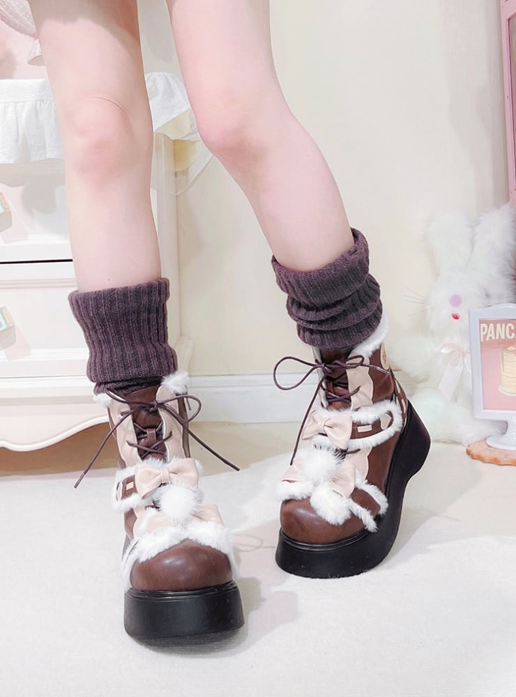 Brown Plush Bunny Ear Platform Fleece Ankle Boots