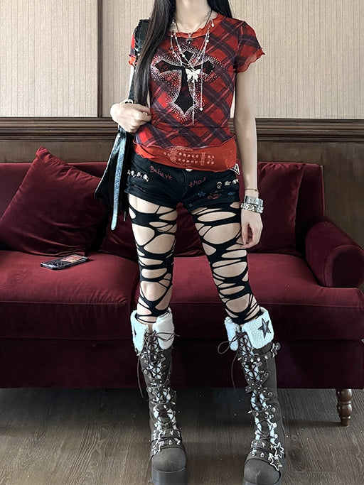 Verziertes glamouröses Mesh-T-Shirt mit Kreuz-Y2K-Punk-Strass-Rot-Karomuster