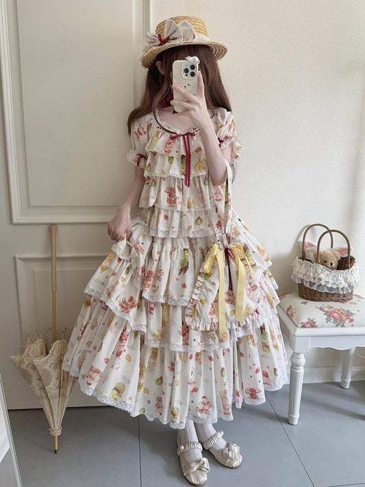 Cream Skirt Print Tiered Lolita Sweet Fruit and Dessert