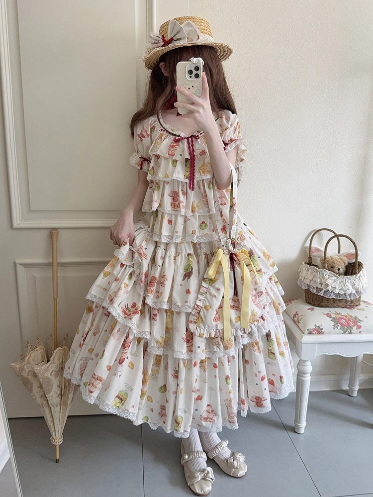 Short Parfait Fruit Top Sleeves Summer Print Cream