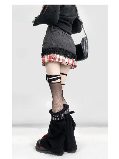 Warmers Pattern Skirt+Buckle Strap Black Denim Y2K Red Leg Hem Plaid