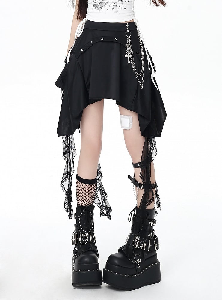 Punk Rock Skirt with Cascading Lace Ruffles and Handkerchief Hem Black