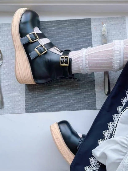 Platforms Toe with Wedge Buckle 3–5 cm Sole Round Black 3 Straps