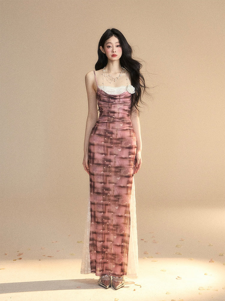 Slip Dress Lace Patches Slim-fitting Slit Brick Red Side