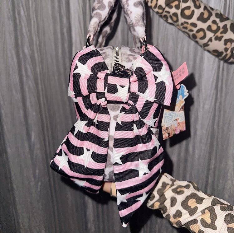 Gyaru Fashion Tote Bag with Big Bows Leopard Pattern
