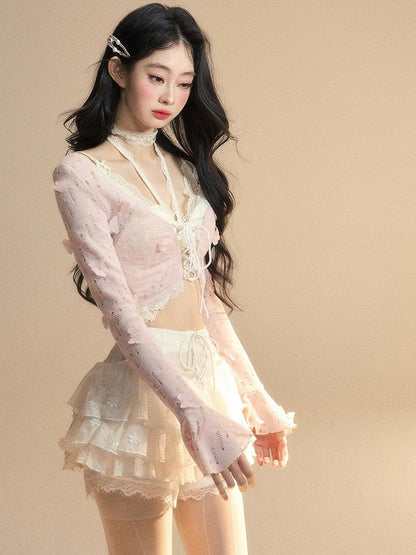 Cropped Top Floral Pink Bell Sleeves Butterfly Glamorous and Set With Top Embellished Lace