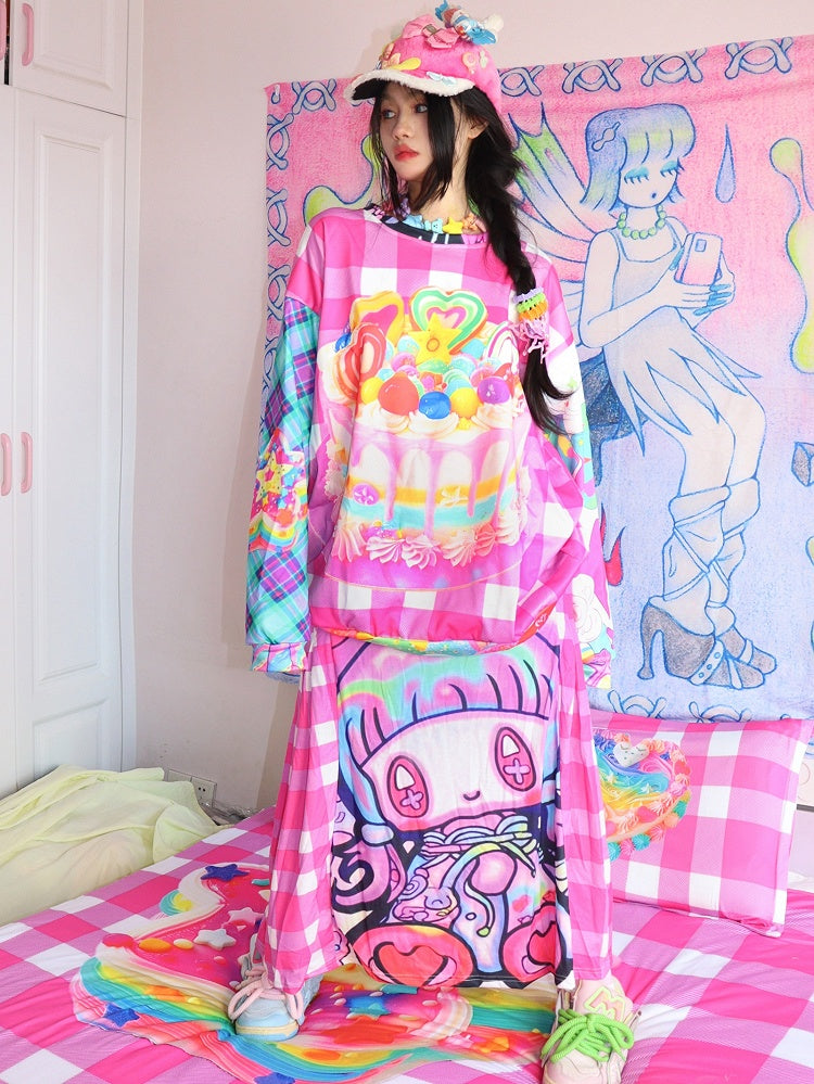 Y2K-Muster, kariertes Kuchen-Sweatshirt mit buntem Aufdruck