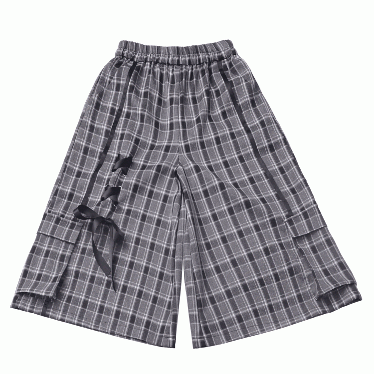 Wide-Leg Shorts with Lace-up Detail Waist Black/Plaid Elastic
