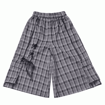 Wide-Leg Shorts with Lace-up Detail Waist Black/Plaid Elastic