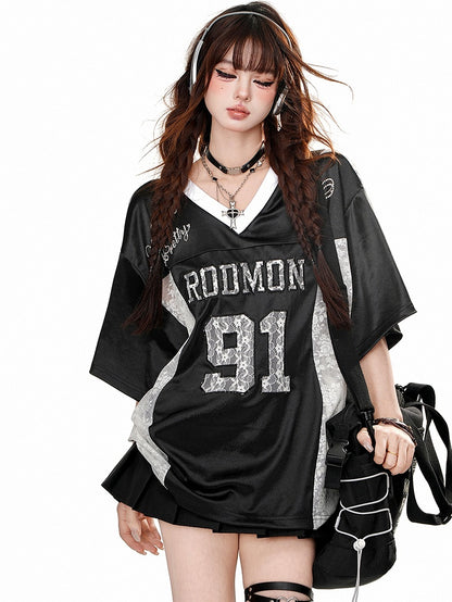 Grey/Black Lace Patchwork V-neck Sporty T-shirt