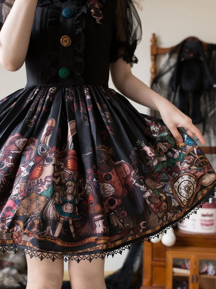 Black Square Neckline Dark Rabbit Print Lolita Jumper Skirt