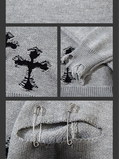 Y2K Black/Grey Cross Shaped Distressed Holes Round Neck Sweater
