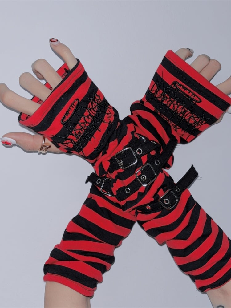 Punk Black & White/Black & Red Gloves With Buckle Straps