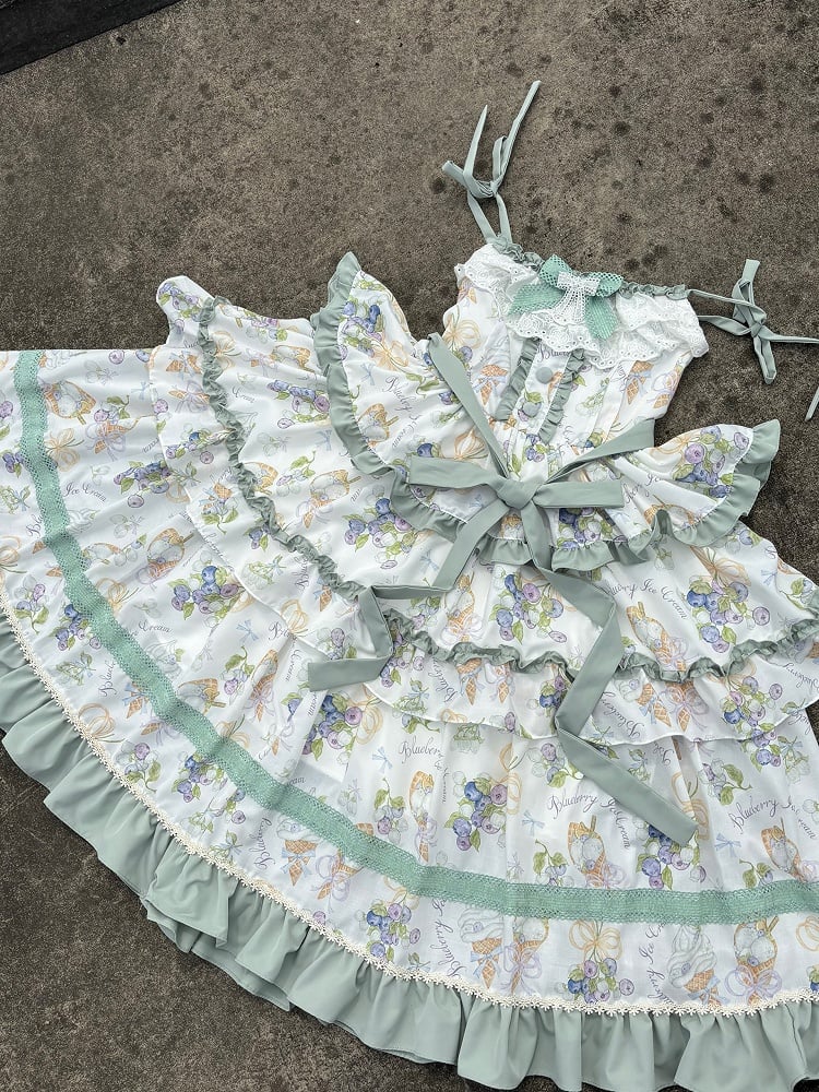 Ruffle and Ice Print Tiered Trimming Cream Dress Skirt Light Blueberry Green Lolita
