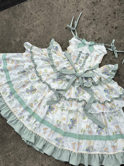 Ruffle and Ice Print Tiered Trimming Cream Dress Skirt Light Blueberry Green Lolita