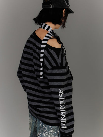 Black  Gray Stripes Applique Design Asymmetrical Neckline Drawstring Punk Top