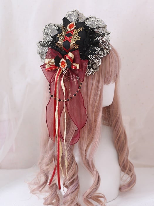 Removable Gorgeous / Lace Black Red Hat Lolita Bowknot Mini With Gothic