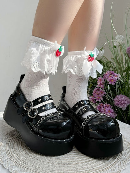 White Strawberry Bow Lace Trim Sweet Lolita Socks