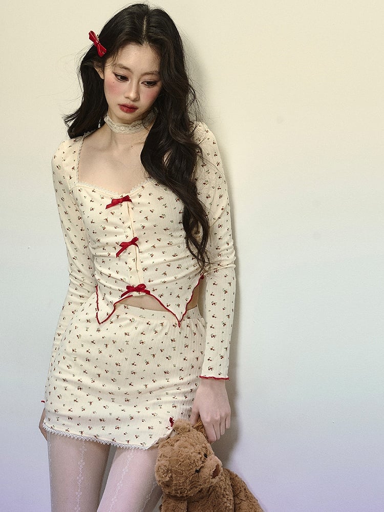 Apricot Floral Pattern Square Neckline Crop Top with Bowknot Details