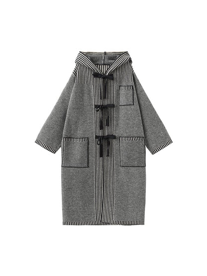 Cardigan Coat Tie-Front Closure Striped Bow Preppy Vintage with Gray Hooded